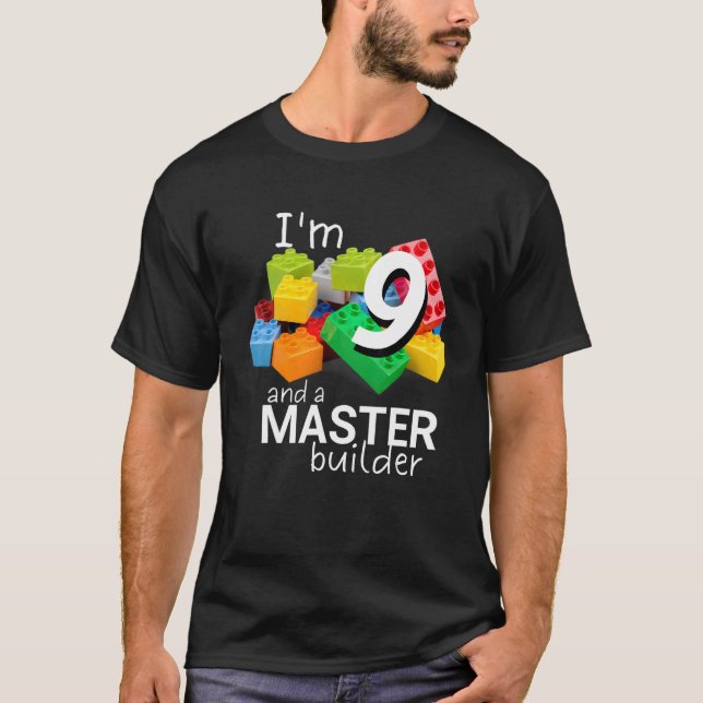 Camiseta Master Builder Cute Block Building 9º aniversário  (Frente)