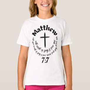 Camiseta Mateus 7:7 Bíblia Circular Verso E Cruz Central