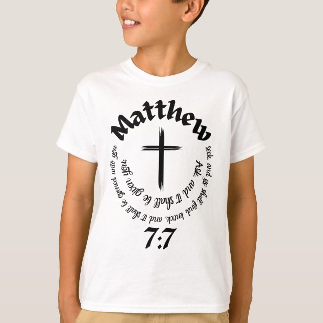 Camiseta Mateus 7:7 Bíblia Circular Verso E Cruz Central (Frente)