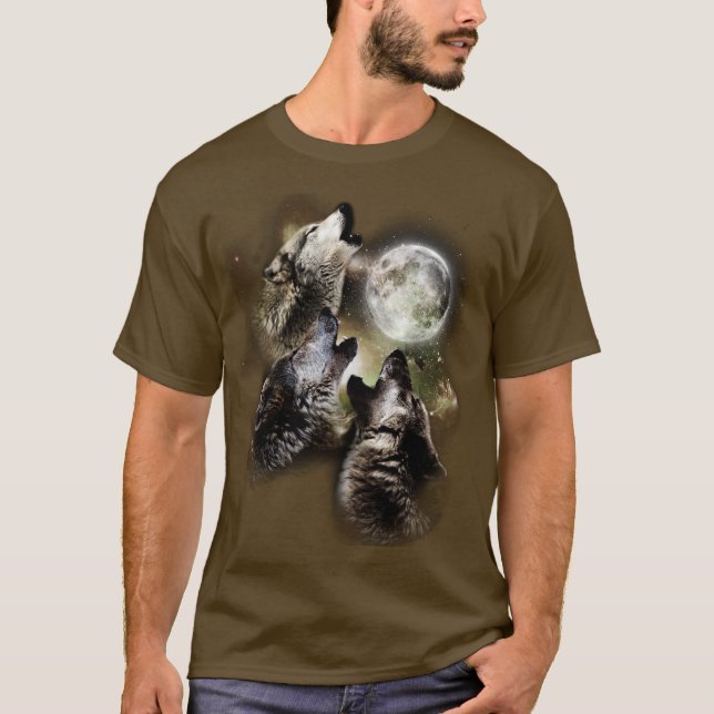 Camiseta Matilha de Lobos Uivando Lua Cheia Céu Celestial M (Frente)