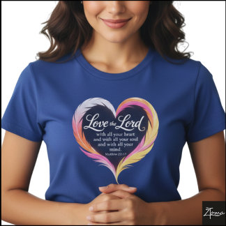 Camiseta Matthew 22:37 Scripture Neon Feather Heart