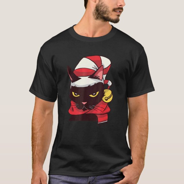 Camiseta Mau Black Eye Cat Hat Scarf Christmas Motif (Frente)