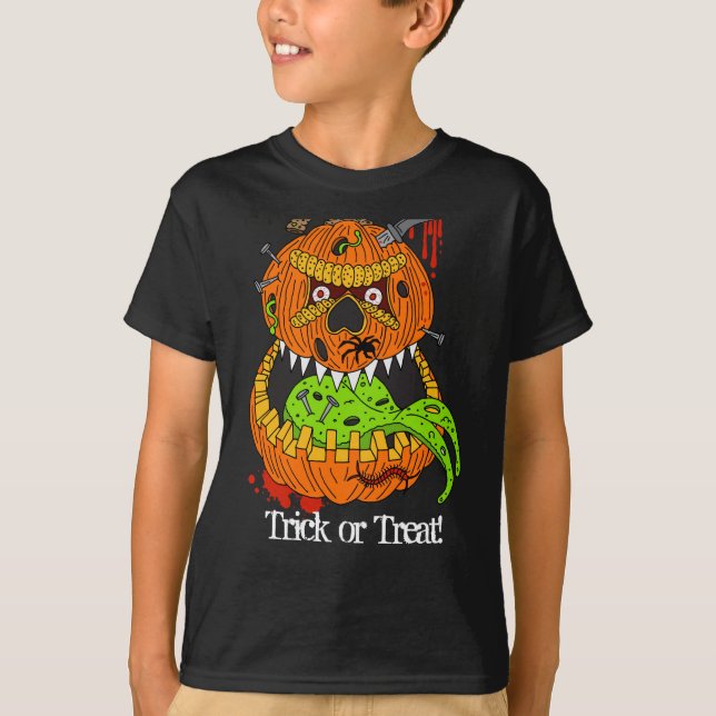 Camiseta Mau Pumkin Scary Trick ou Treine Kids Halloween (Frente)