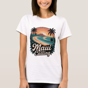 Camiseta Maui Calling - Retro Havaiano Sunset Beach T-Shirt