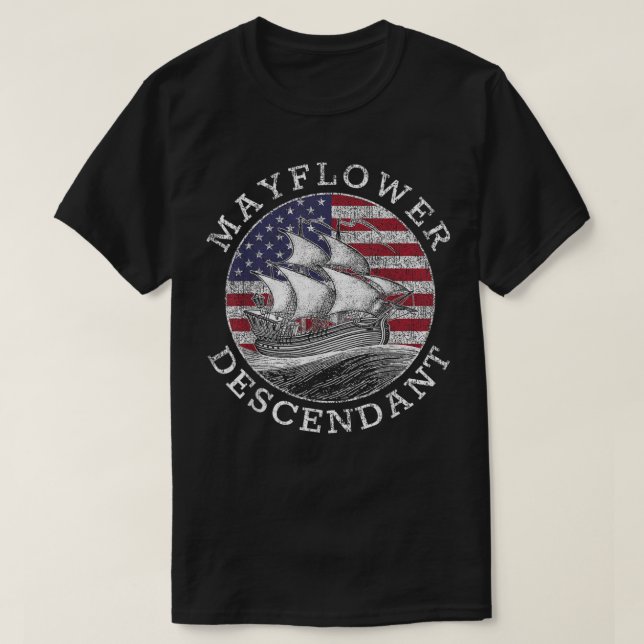 Camiseta Mayflower Descendente Estados Unidos Bandeira em D (Frente do Design)