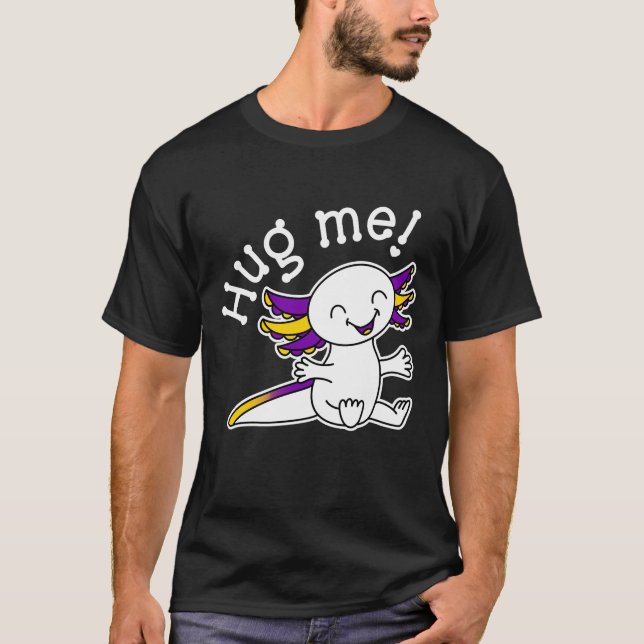 Camiseta Me abraça! Axolotl em cores do Orgulho Intersexual (Frente)