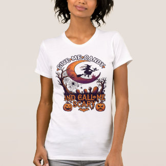 Camiseta Me Dê Doces Ligue Bruxa Assustadora Abóboras da Lu