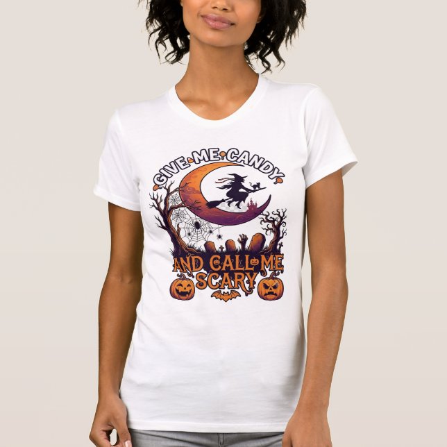 Camiseta Me Dê Doces Ligue Bruxa Assustadora Abóboras da Lu (Frente)
