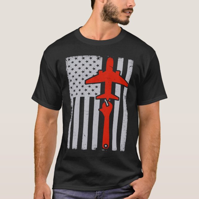 Camiseta Mecânica American Flag Plane Airplane Mechanics W (Frente)