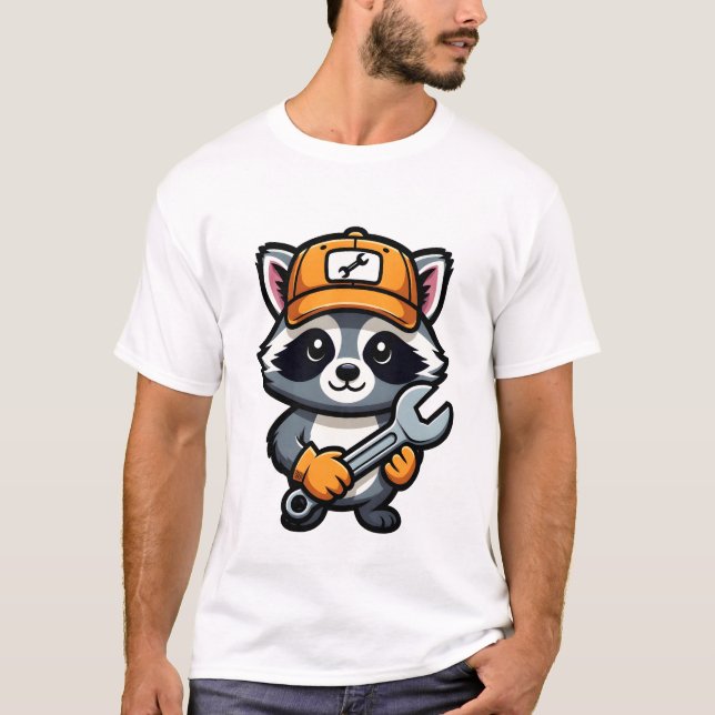Camiseta Mecânico de Guaxinim com Boné Laranja (Frente)