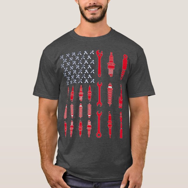 Camiseta Mecânico Patriótico Mecânico dos EUA Bandeira Amer (Frente)