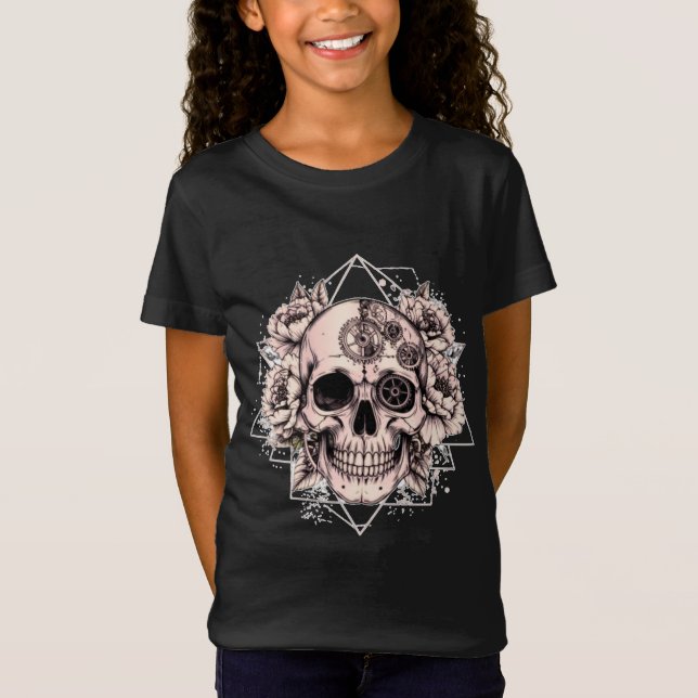 Camiseta "Mechanical Bloom" – Gothic Skull with Floral Gear (Frente)