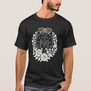 Camiseta Medalha Milagrosa Floral Devoção Católica Mariana