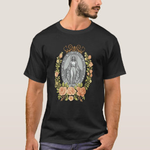 Camiseta Medalha Milagrosa Floral Devoção Católica Mariana
