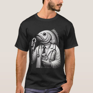 Camiseta Médico de Peixe Engraçado em Tons de Cinza com óle