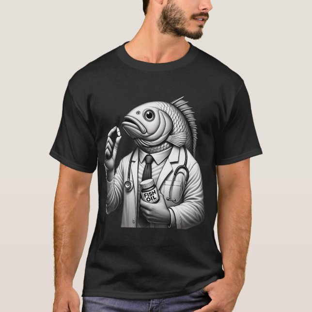 Camiseta Médico de Peixe Engraçado em Tons de Cinza com óle (Frente)