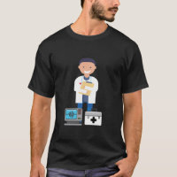 Médico engraçado-com uma prancheta, avental cardía