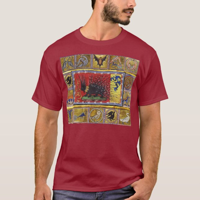 Camiseta MEDIEVAL BESTIARY,BLACK HEDGEHOG KING and ANIMALS (Frente)