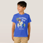 Camiseta Medieval Knight 5th Birthday Party Kids<br><div class="desc">A cute Renaissance Faire or festival birthday shirt featuring a knight on a horse with a shield of blue and yellow. Personalize with your kid's name in light grey for his 5th birthday.</div>