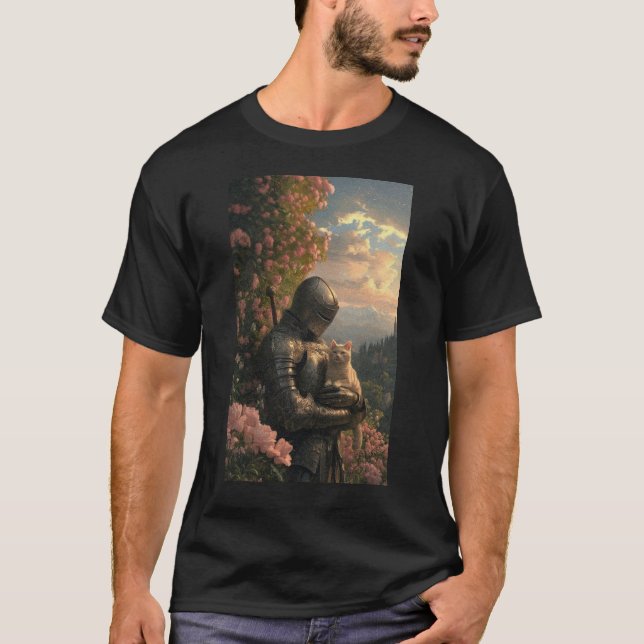 Camiseta Medieval Knight with Cat – Whimsical Warrior Tee (Frente)