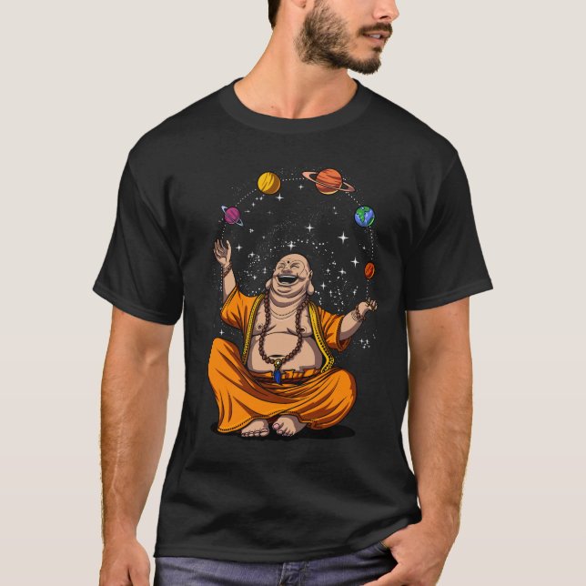 Camiseta Meditação Zen Yoga Buddha em Planetas Espaciais (Frente)