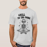 Camiseta Meditating Skeleton with Headphones in Space T-Shi<br><div class="desc">Chill out in cosmic style with this striking black and white design featuring a skeleton in full lotus meditation pose,  rocking oversized headphones while smoke swirls from its head. Surrounded by stars,  planets,  and a deep space background,  this artwork perfectly blends zen mindfulness,  yoga vibes,  and edgy music culture</div>