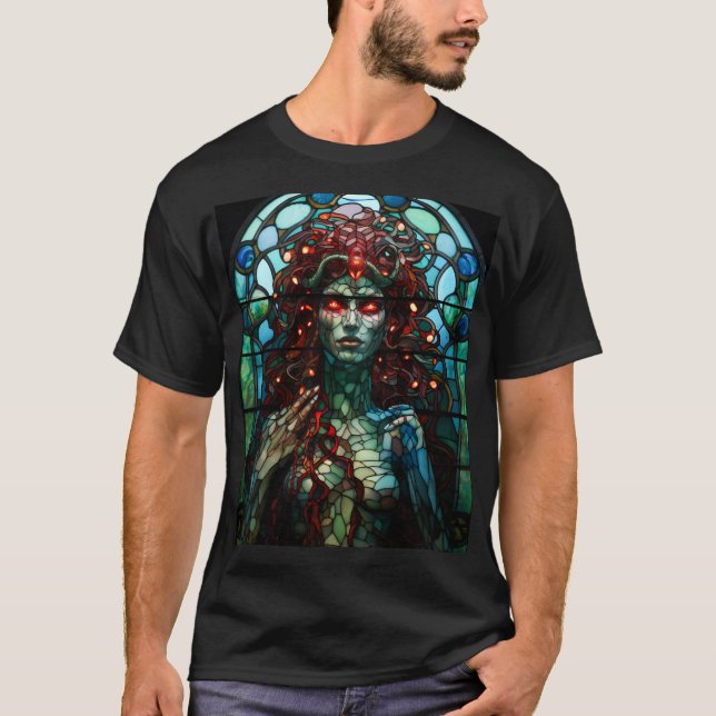 Camiseta Medusa - Estilo de Tiffany da Janela de Vidro Este (Frente)