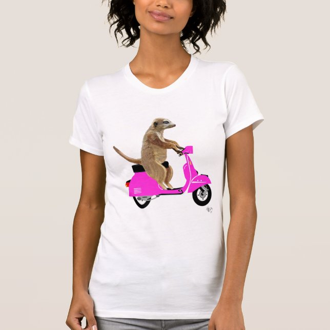 Camiseta Meerkat em Moped Rosa (Frente)