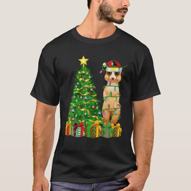 Camiseta Meerkat Xmas Tree Lighting Papais noeis Meerkat no (Frente)