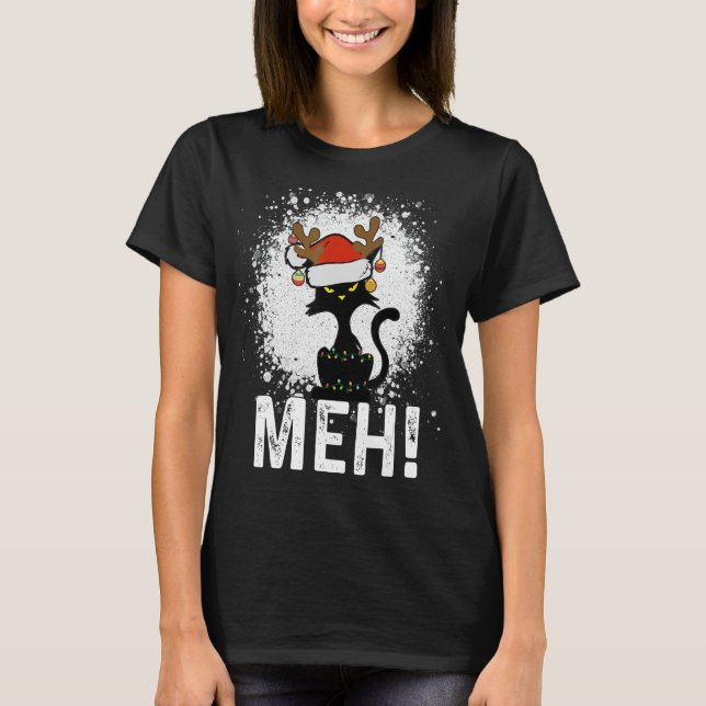 Camiseta Meia Natal de Gato Negro, Gato de Natal Engraçado (Frente)