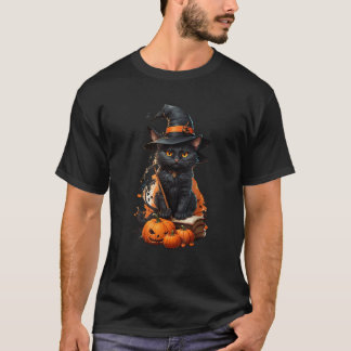 Camiseta Meia-noite, Mágica, Negra Colorida, Gato Pumpkin H