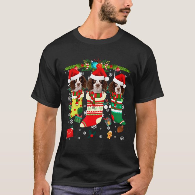 Camiseta Meias de Natal Cachorro Inglês Springer Spaniel (Frente)