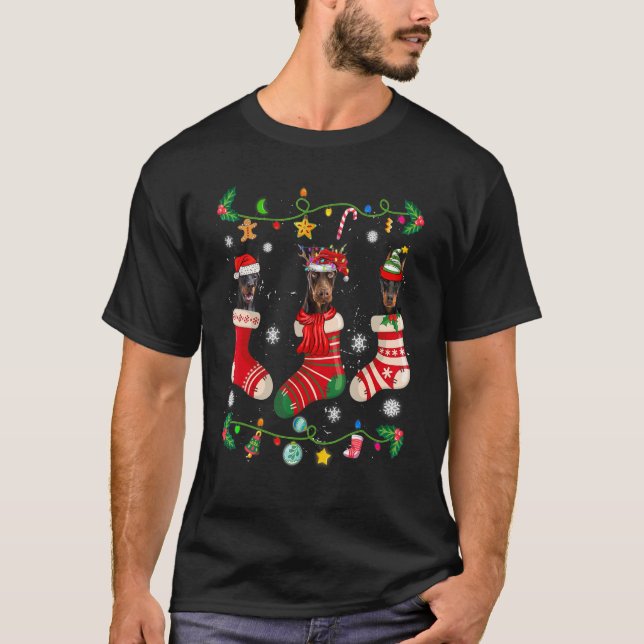 Camiseta Meias de Natal Doberman Cachorro (Frente)