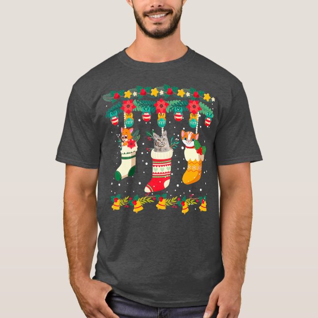 Camiseta Meias de Natal Gato Luzes de Natal Pajama Correspo (Frente)