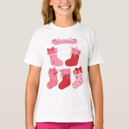 Camiseta Meias de Natal Laço Rosa Estrelas Cereja