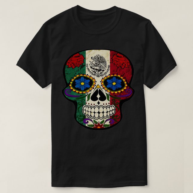 Camiseta Meico Flag Sugar Skull Meico Day Of Dead Meica (Frente do Design)