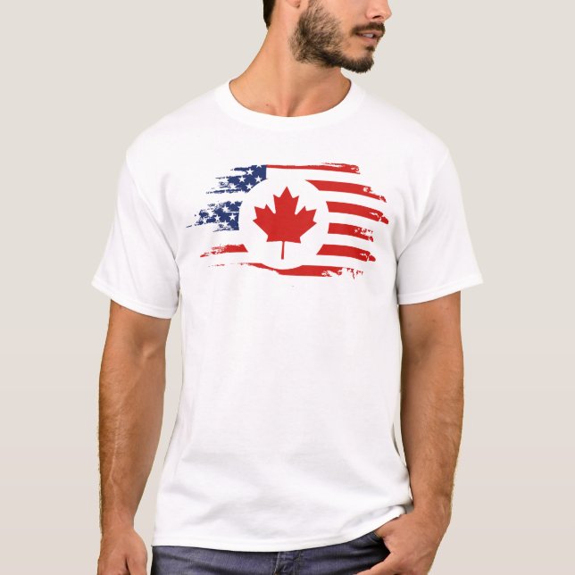 Camiseta Meio canadense americano: Canadá EUA Maple Leaf Fl (Frente)