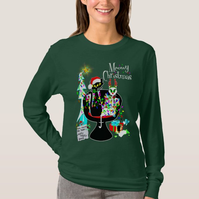 Camiseta meio século Moderno de Cat Atômica Feliz Natal (Frente)