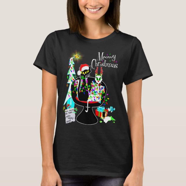 Camiseta meio século Moderno de Cat Atômica Feliz Natal (Frente)