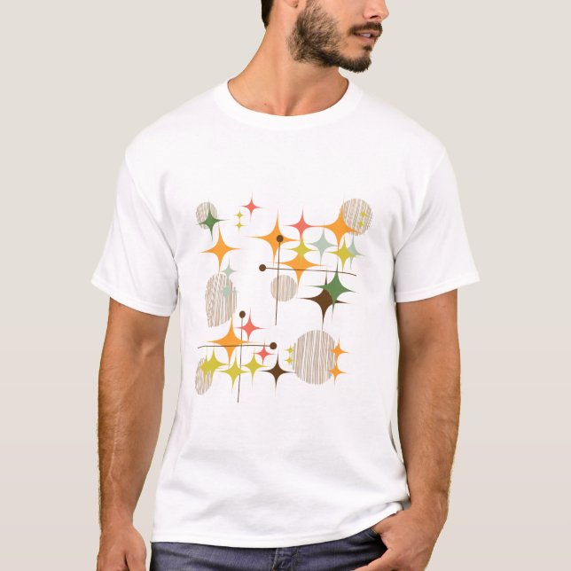 Camiseta Meio século Moderno de Starbursts e Globos (Frente)