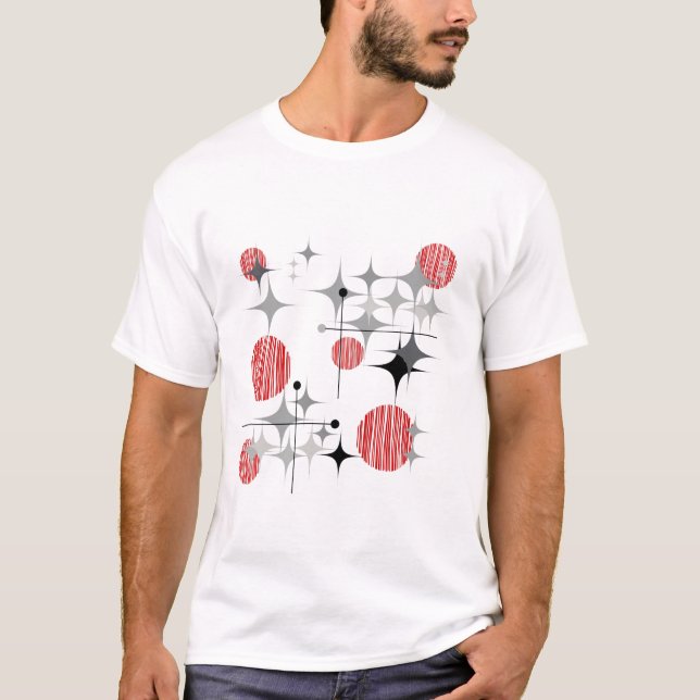 Camiseta Meio século Moderno de Starbursts e Globos (Frente)