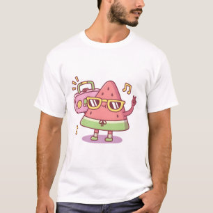 Camiseta Melancia Cuta Com Óculos De Sol Ouvindo O R