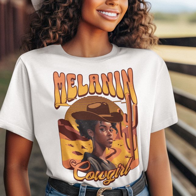 Camiseta MELANIN COWGIRL Black Girl Western Cowboy (Smiling African American girl in stetson, wearing Melanin Cowgirl T-shirt. Browse the collection.)