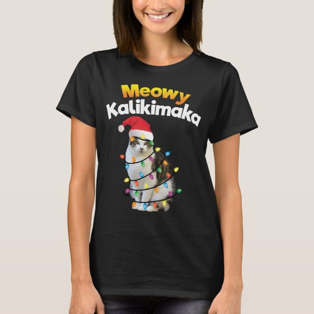 Camiseta Mele Kalikimaka Havaiano Feliz Gato de Natal (Frente)