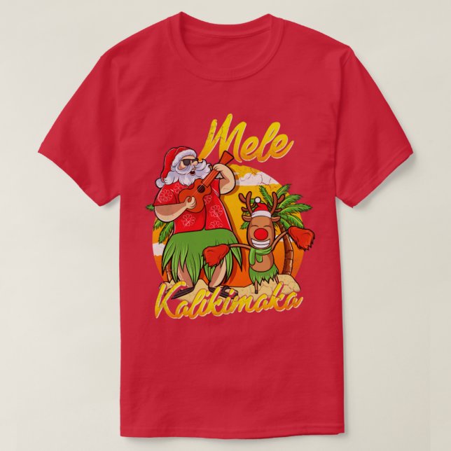 Camiseta Mele Kalikimaka Papai noel o Natal Havaiano em jul (Frente do Design)