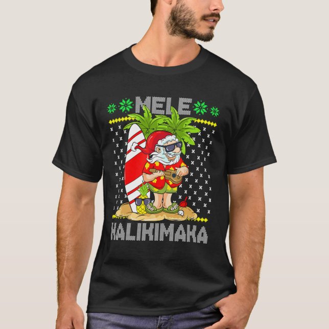 Camiseta Mele Kalikimaka Santa Claus Surfer Guitar Havaiano (Frente)