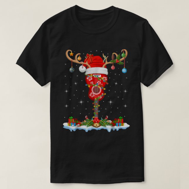 Camiseta Mele Kalikimaka Santa Hat Reindeer Ukulele Guitar (Frente do Design)