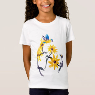Camiseta Melharuco azul e arte amarela dos girassóis,