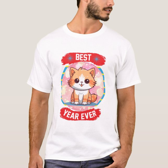 Camiseta Melhor Ano De Fundo De Faísca Rosa-Gatinho-Rosa-Ro (Frente)