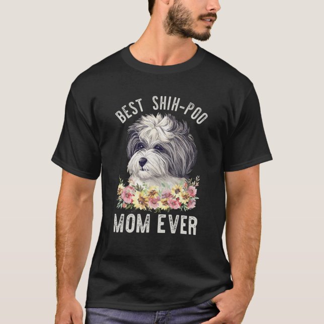 Camiseta Melhor Cão Floral de Shih Poo Mãe (Frente)